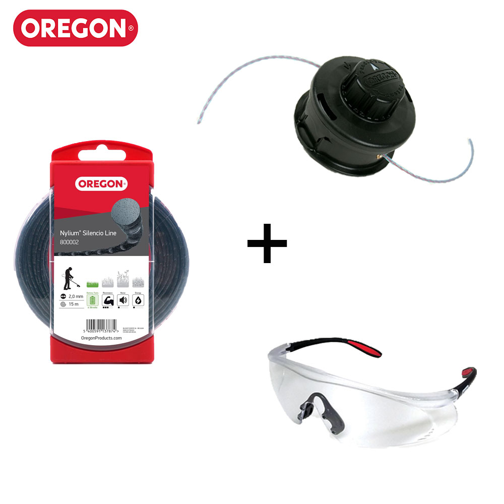 Pack OREGON Fil Débroussailleuse Nylium SILENCIO ø2mm, 15m + Tête Universel sans Adaptateur + Lunettes de Sécurité - Fil débroussailleuse